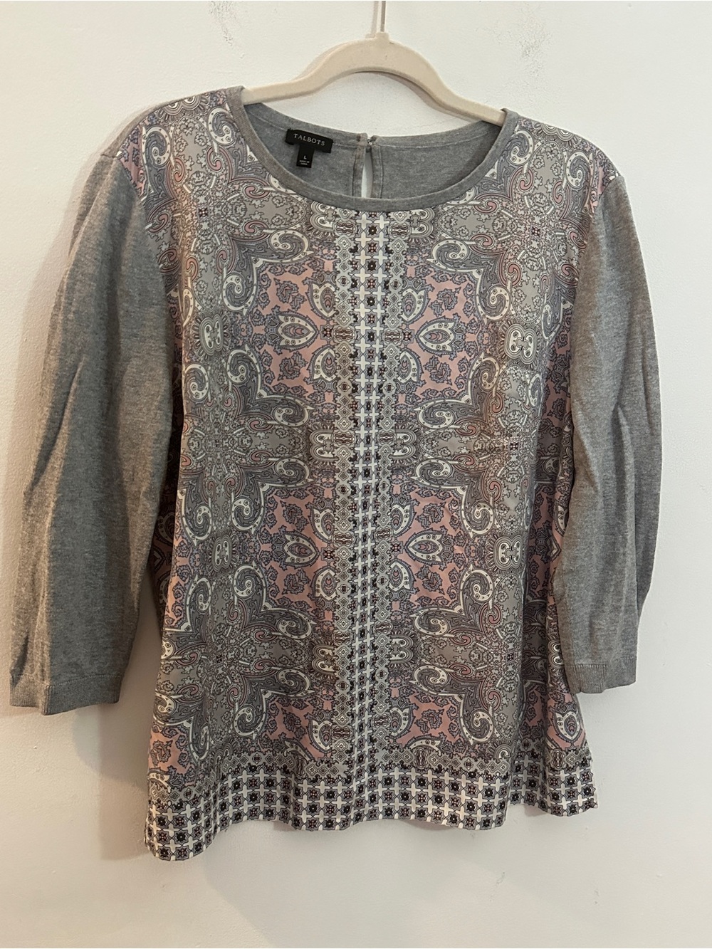 Talbots Grey and Pink Paisley Knit Tunic Top